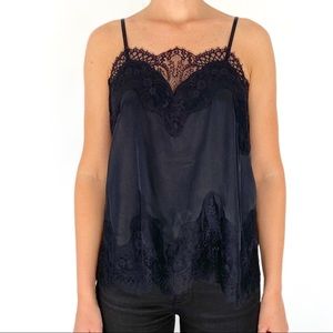 Alice + Olivia black lace silk sondra top